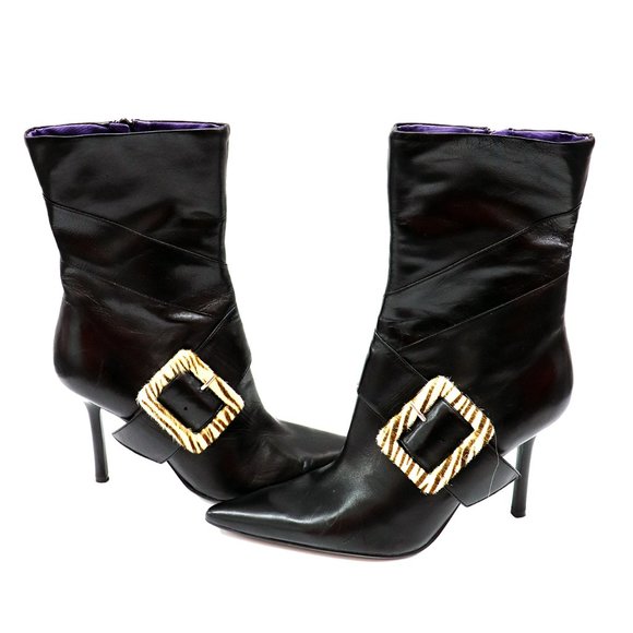 NINE WEST Black Leather Ankle Boots STATEMENT Fur Buckles 6.5M - Picture 1 of 8